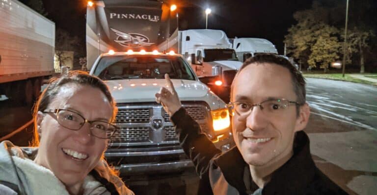 Standing in front of our rig on RV moving day